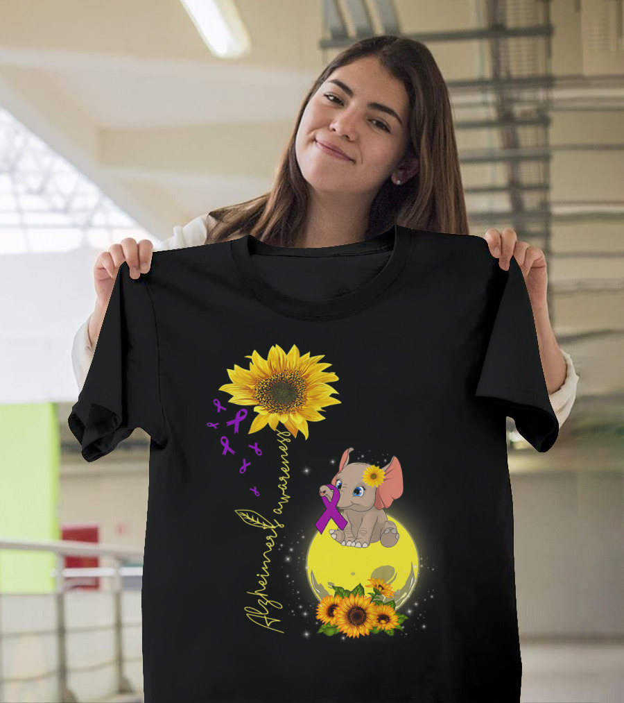 Alzheimers Awareness Elephant and Sunflowers with Purple Ribbon and Sunflower Moon T-Shirt
