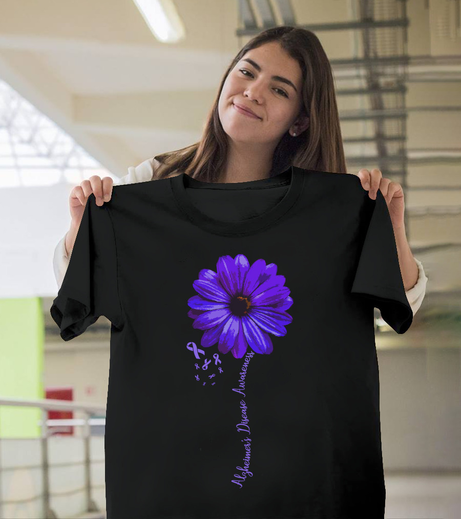 Alzheimer's Disease Awareness Purple Flower with Support Ribbons T-Shirt