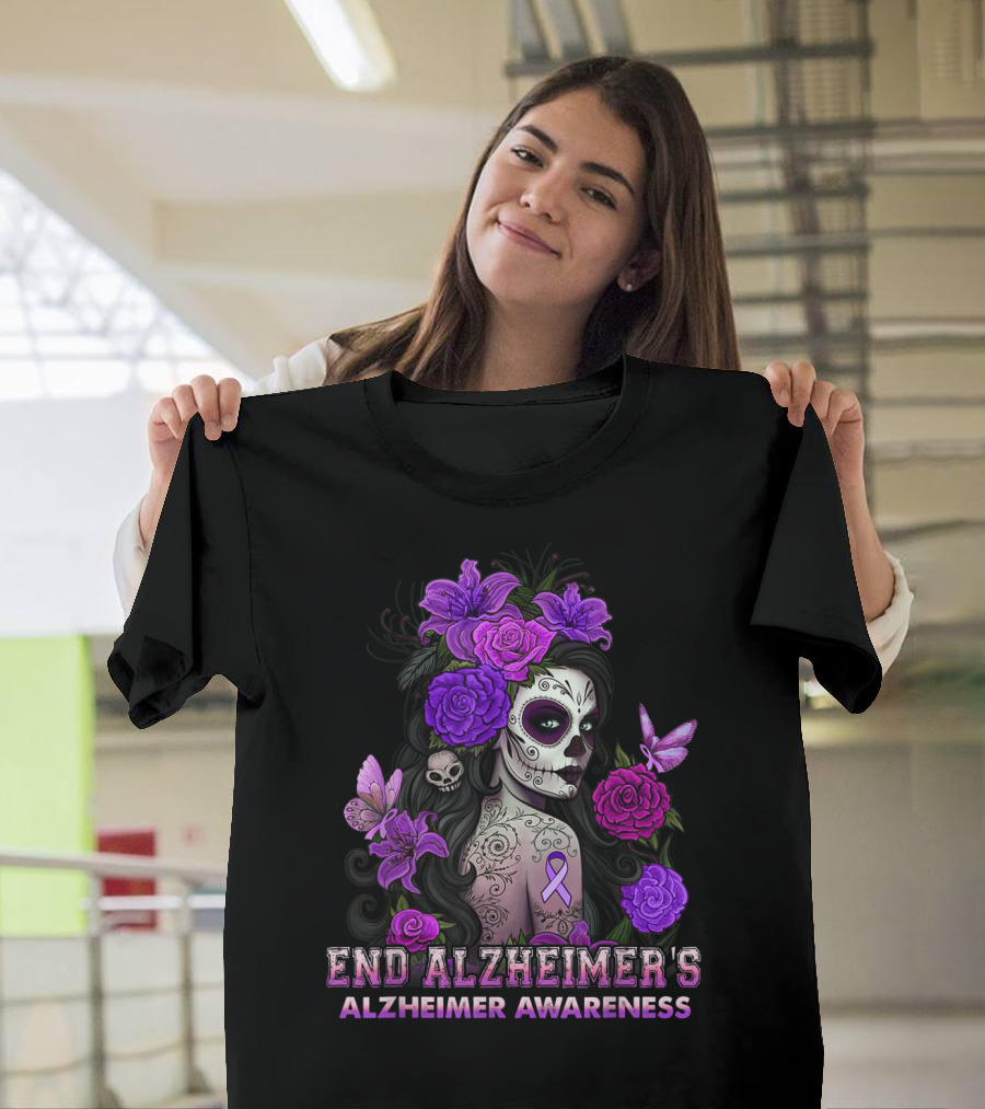 End Alzheimer's Awareness Skull Girl Purple Flowers Butterflies T-Shirt