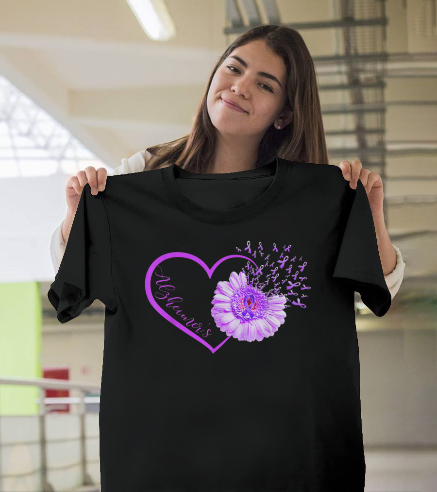 Alzheimers Awareness Heart Purple Ribbon Flower T-Shirt