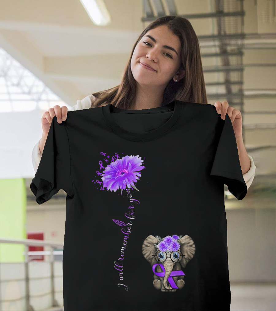I Will Remember For You Daisy Flower Elephant with Purple Awareness T-Shirt