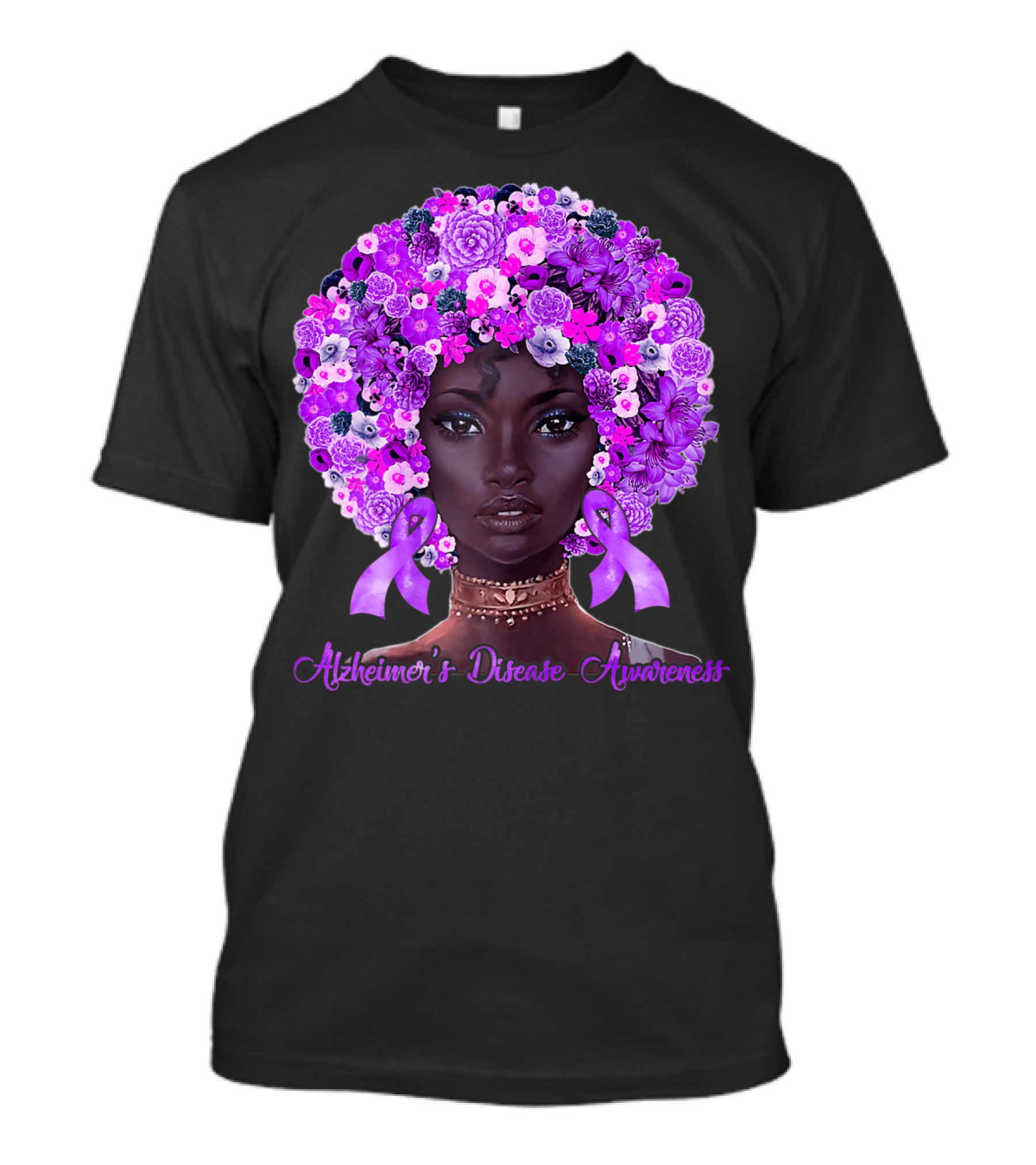 Alzheimer's Disease Awareness Flowers Afro Hair Black T-Shirt