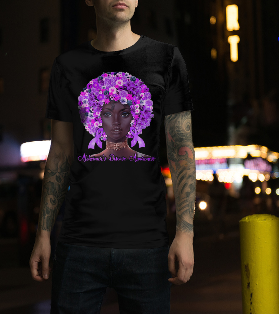 Alzheimer's Disease Awareness Flowers Afro Hair Black T-Shirt