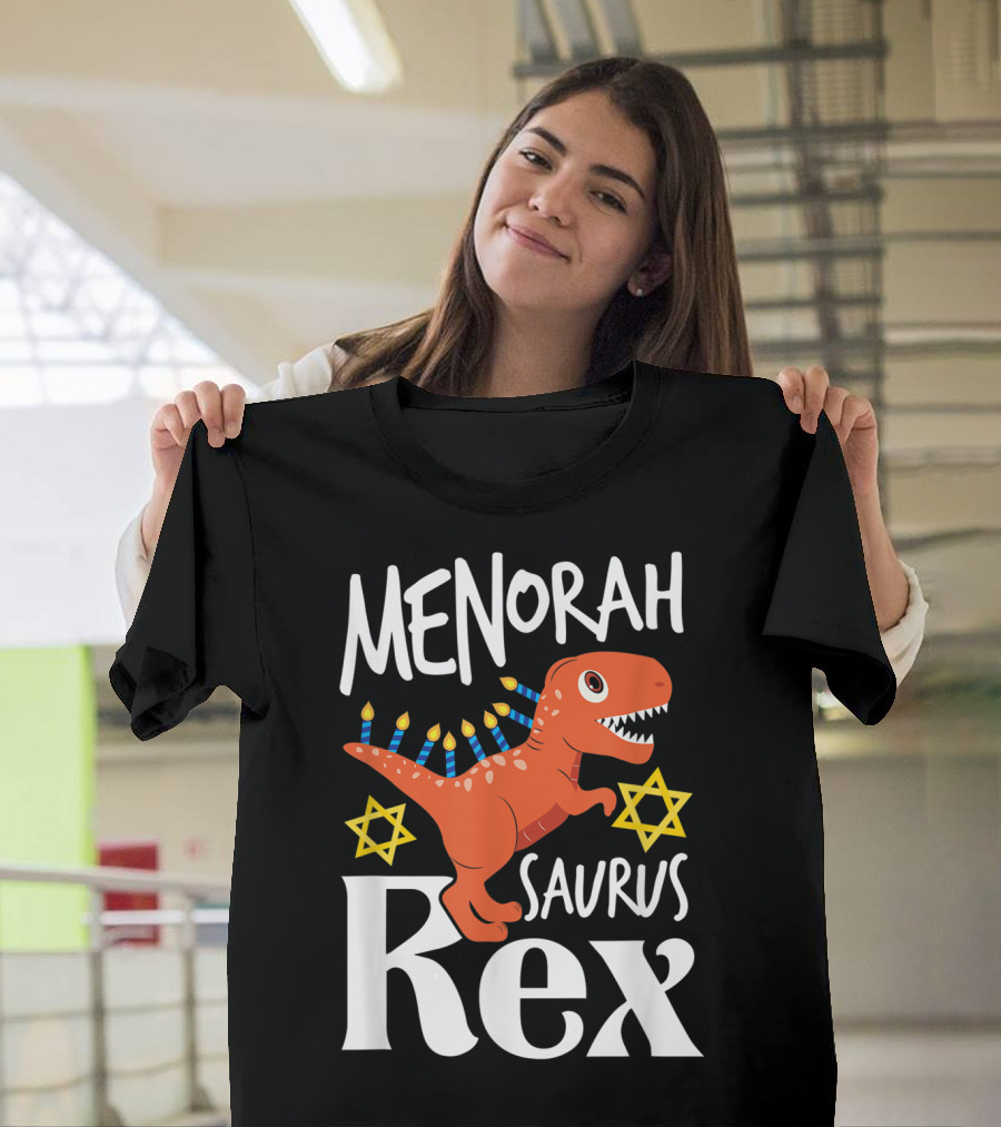 Menorah Saurus Rex Cute Hanukkah Tyrannosaurus with Star of David T-Shirt