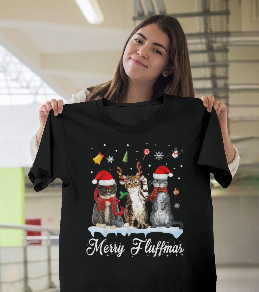 Merry Fluffmas Cats Christmas Cat Lovers Santa Hats Snowflakes Reindeer Antlers T-Shirt