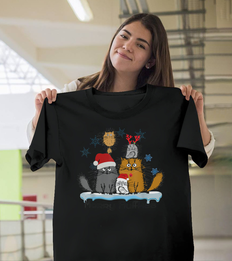 Merry Fluffmas Funny Cat Kitten Snowflakes Santa Hats Reindeer Antlers T-Shirt