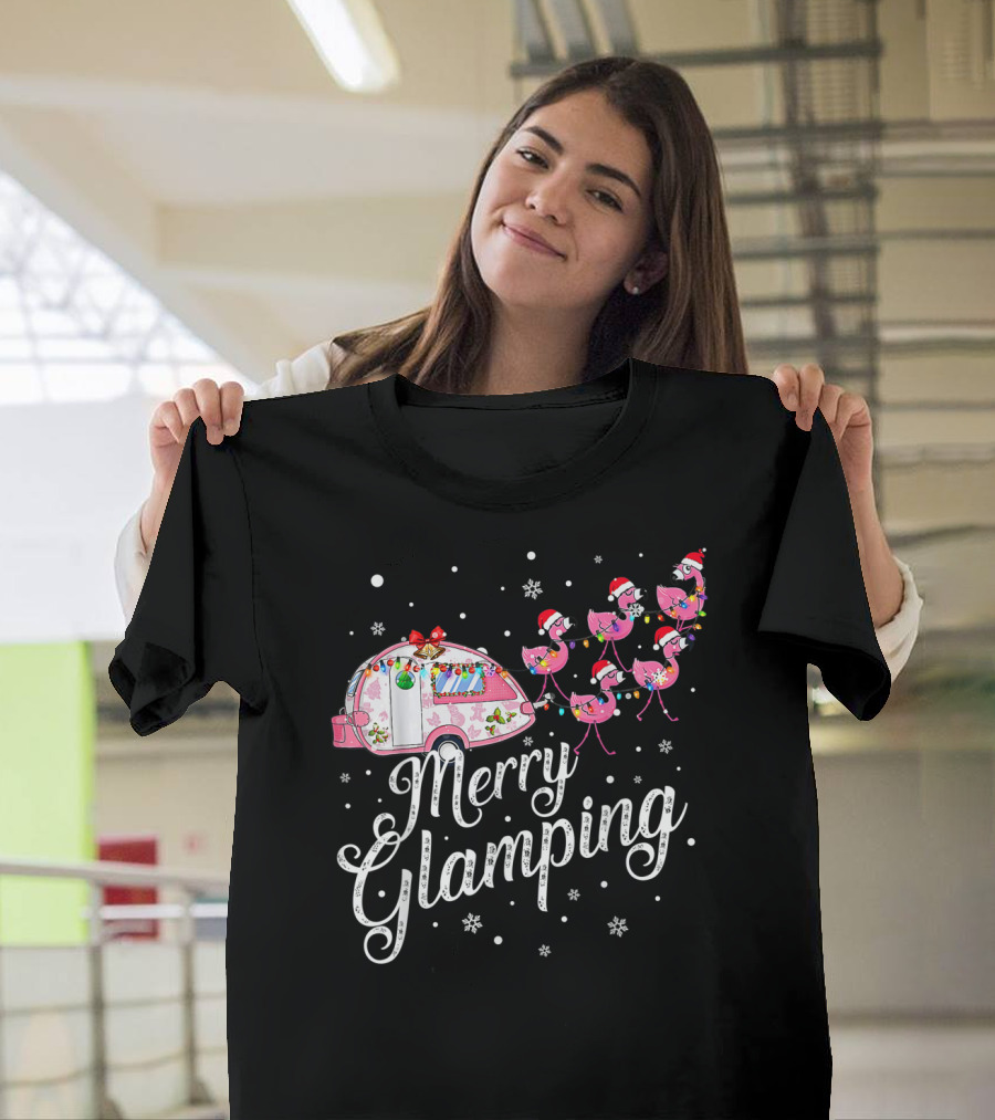 Merry Glamping Christmas Flamingo Camper with Santa Hats and Snowflakes T-Shirt