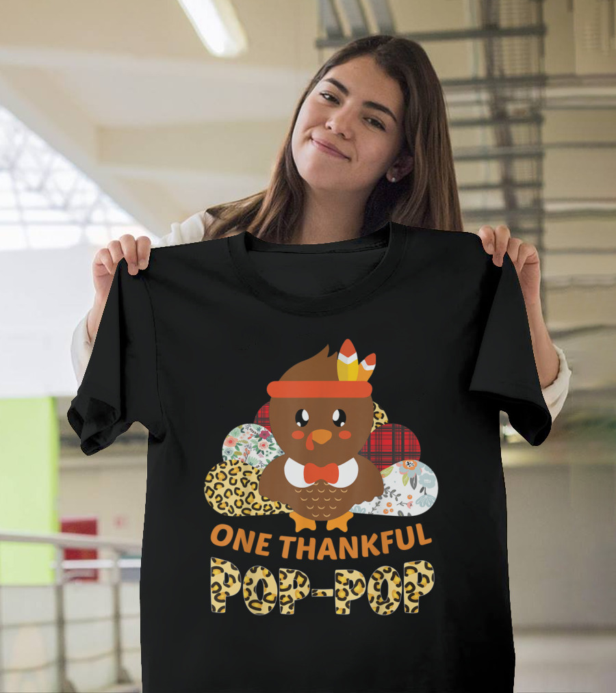 One Thankful Pop-Pop Turkey with Leopard and Plaid T-Shirt
