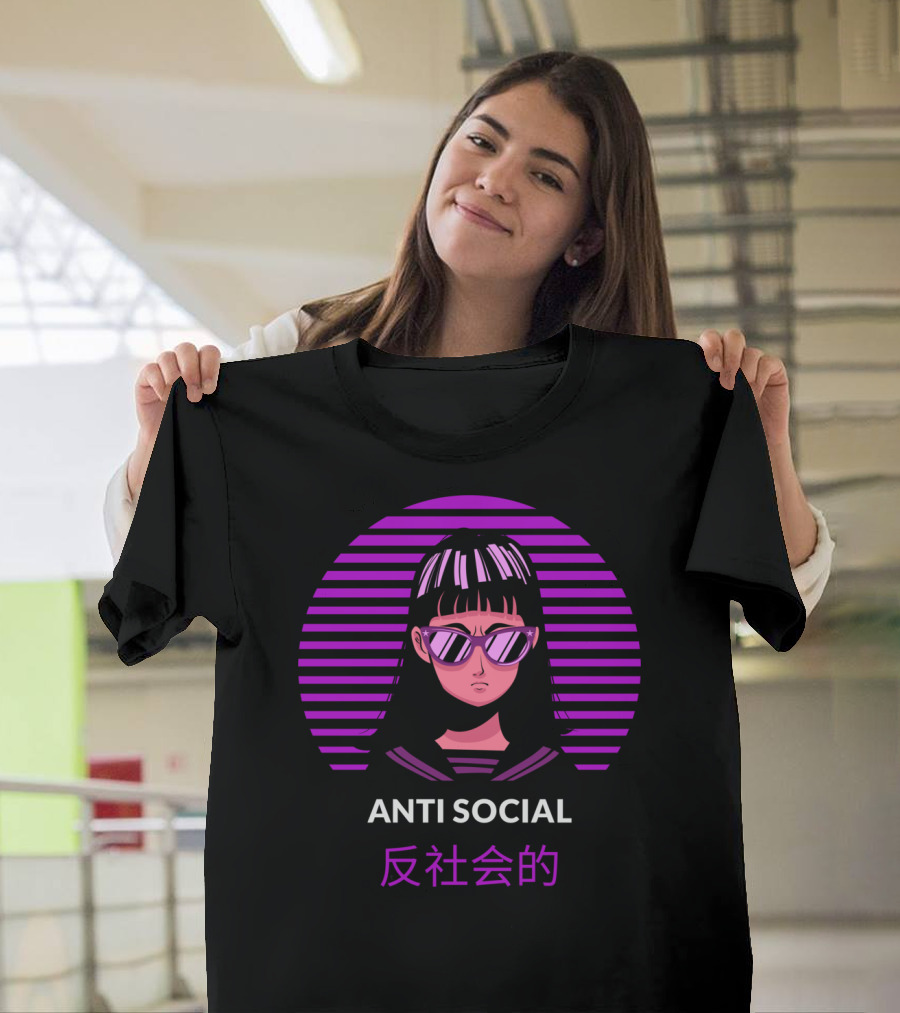 Anti Social Japanese Anime Otaku 80s Vibe Purple Neon Aesthetic T-Shirt