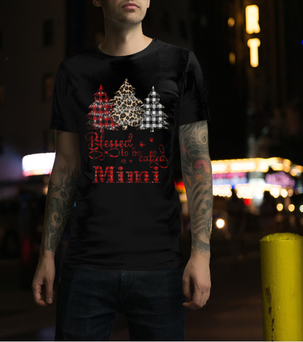 Blessed To Be Called Mimi Leopard Buffalo Plaid Christmas Trees T-Shirt