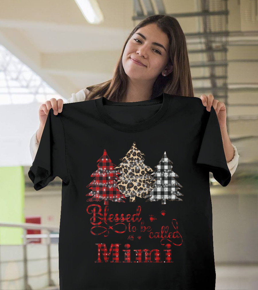 Blessed To Be Called Mimi Leopard Buffalo Plaid Christmas Trees T-Shirt