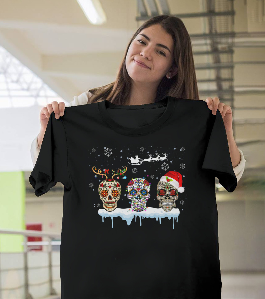 Christmas Santa Reindeer Three Mexican Flower Sugar Skulls T-Shirt
