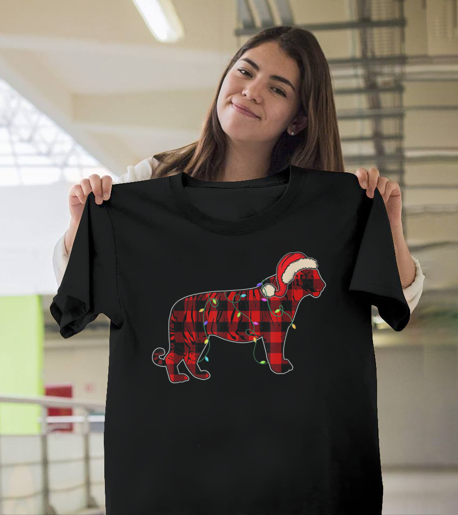 Funny Red Plaid Tiger Christmas Lights Santa Hat T-Shirt
