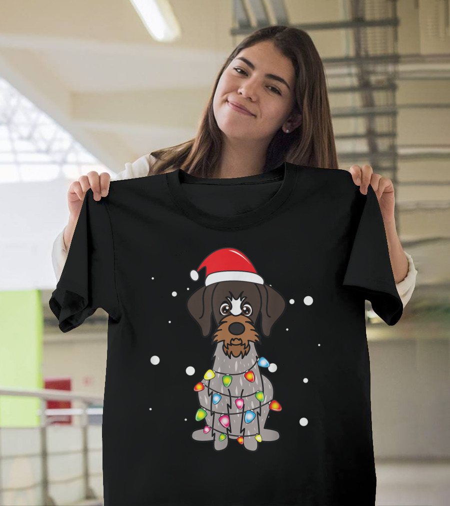 German Wirehaired Pointer Christmas Lights Festive Santa Hat T-Shirt