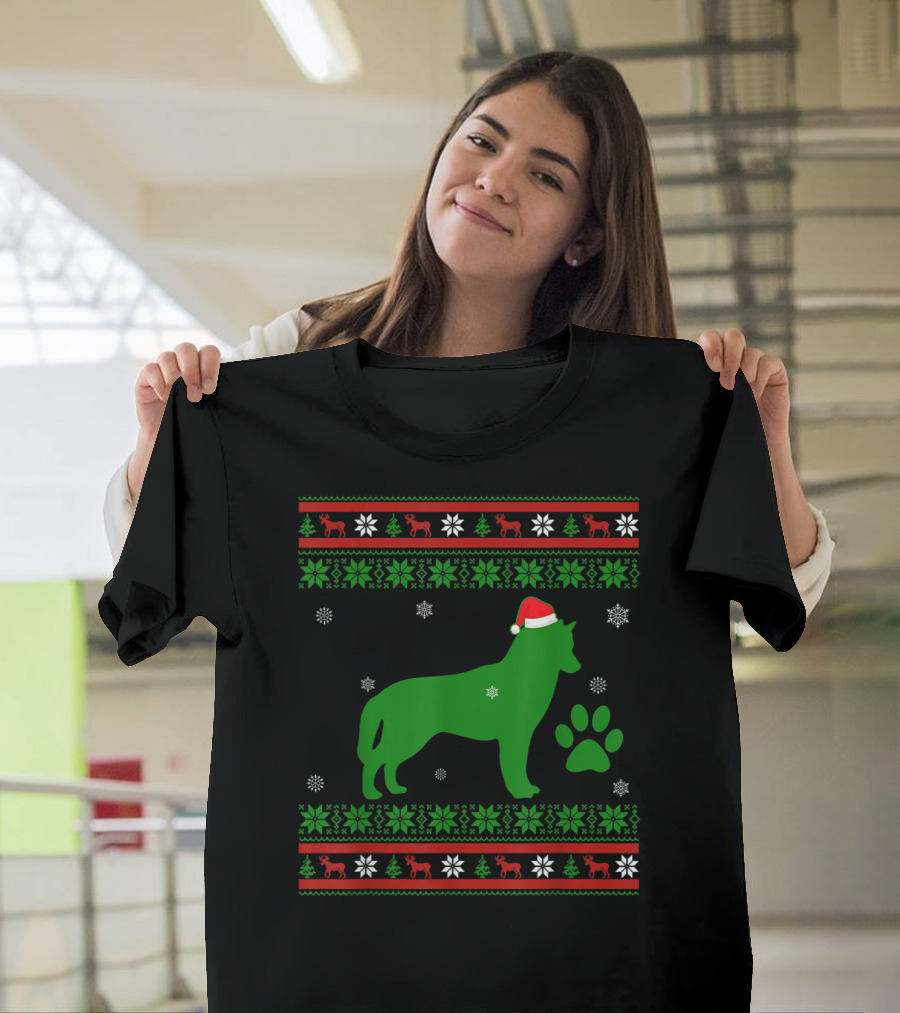 Siberian Husky Dog Christmas UglyDog Santa Hat Green Paw Snowflakes Reindeer T-Shirt