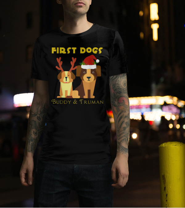 First Dogs Buddy And Truman Reindeer Antlers Santa Hat T-Shirt