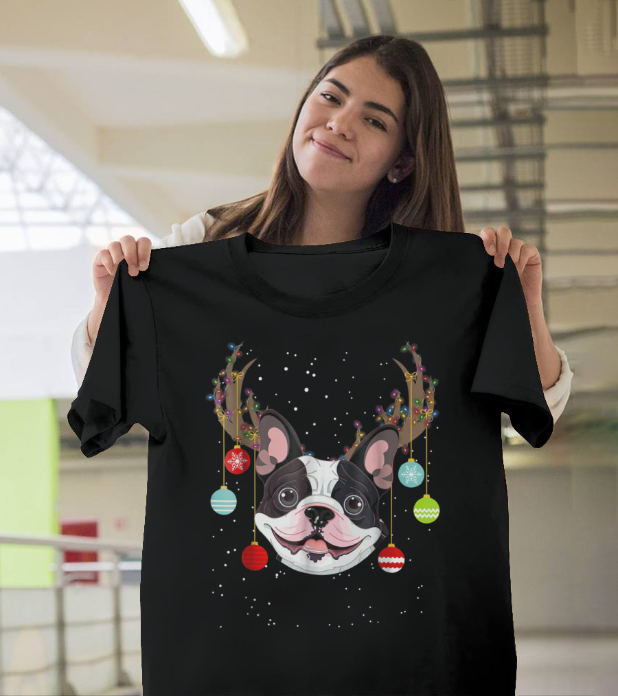 Funny Cute Dog Frenchie with Christmas Antlers and Ornaments T-Shirt