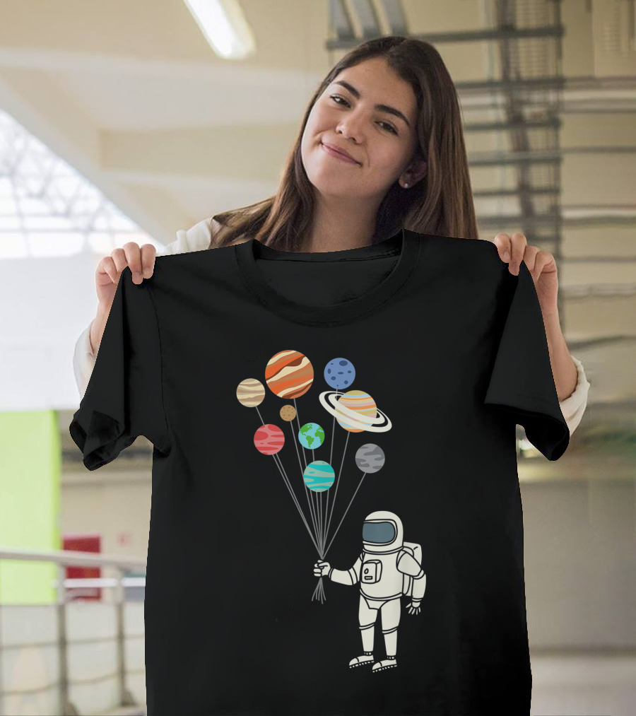 Astronaut Holding Planets Balloons Funny Solar Space T-Shirt
