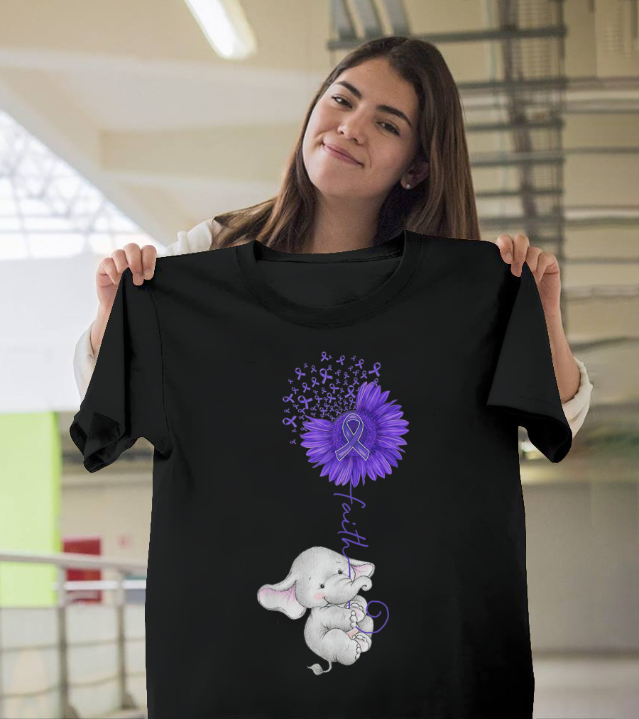 Faith Purple Ribbon Daisy Elephant for Stomach Cancer Awareness T-Shirt