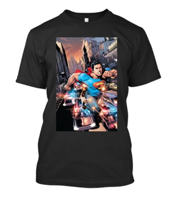 DC Comics Superman Flying Through Urban City With Police Cars T-Shirt