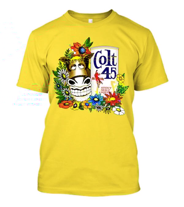 Colt 45 Malt Liquor With Cartoon Horse And Colorful Floral Background T-Shirt