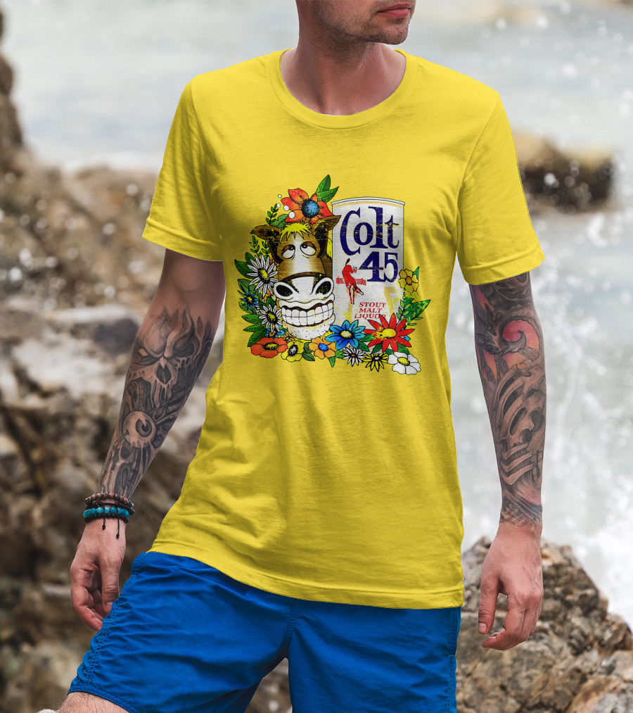 Colt 45 Malt Liquor With Cartoon Horse And Colorful Floral Background T-Shirt