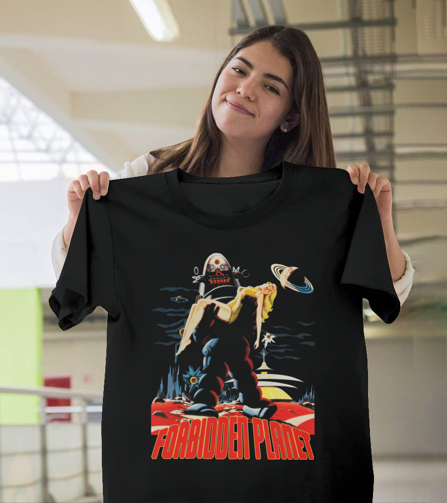 Forbidden Planet Retro Sci-Fi Art with Robot and Woman T-Shirt