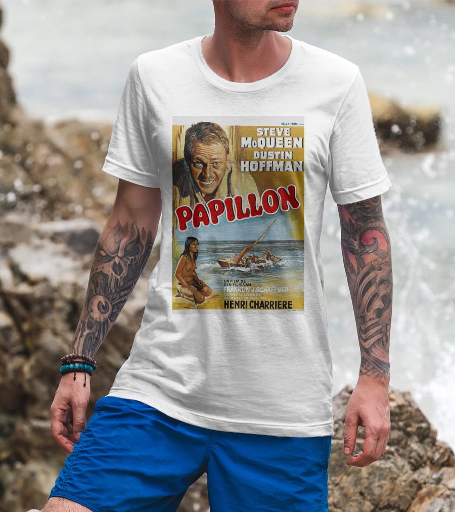 Steve McQueen Dustin Hoffman Papillon 1974 Film Henri Charriere Franklin J. Schaffner Belgian T-Shirt