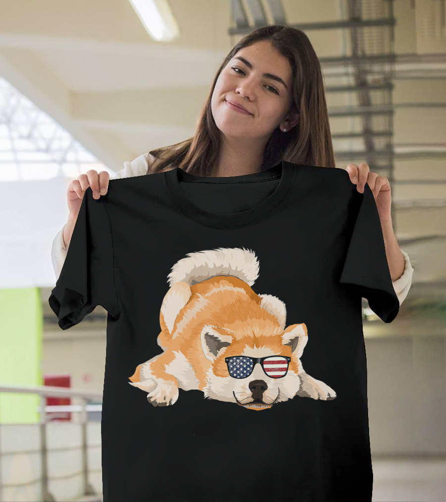 Akita Inu With American Flag Sunglasses USA 4th Of July T-Shirt