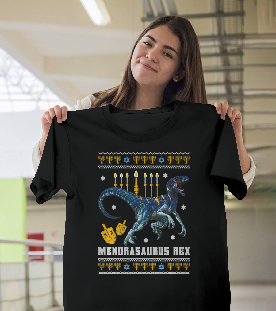 Menorasaurus Rex Dinosaur Menorah Candles Dreidel Stars Hanukkah T-Shirt