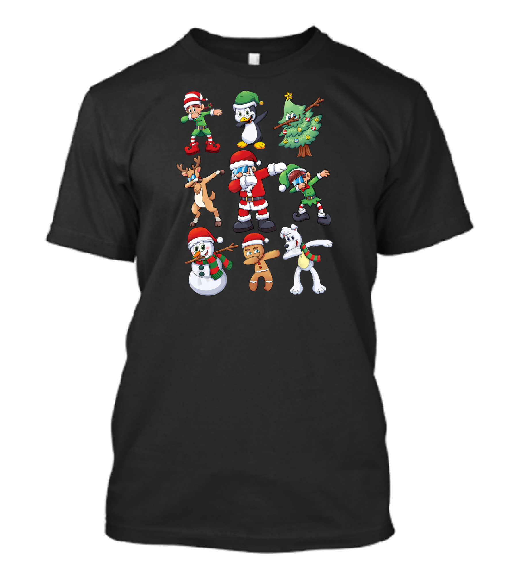 Christmas Dabbing Characters With Santa Elf Reindeer Penguin Snowman Gingerbread Tree Dog T-Shirt