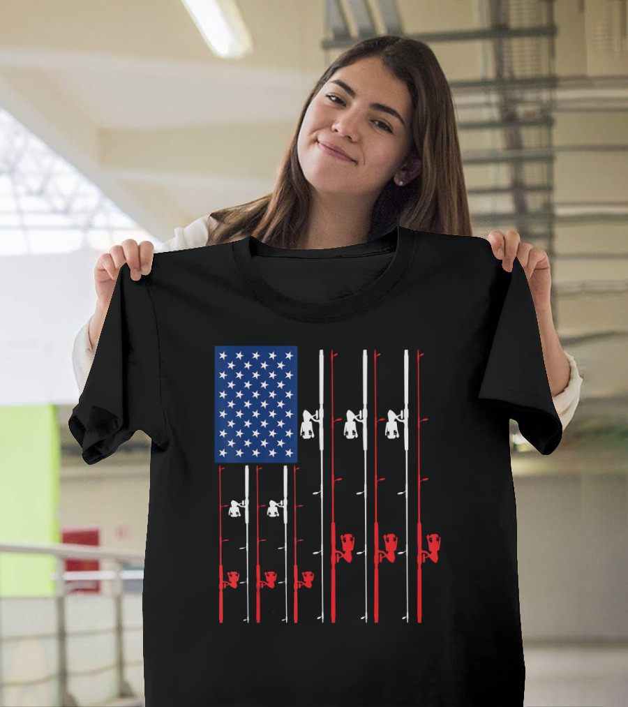 US Flag Fishing Rods Cute Fish T-Shirt