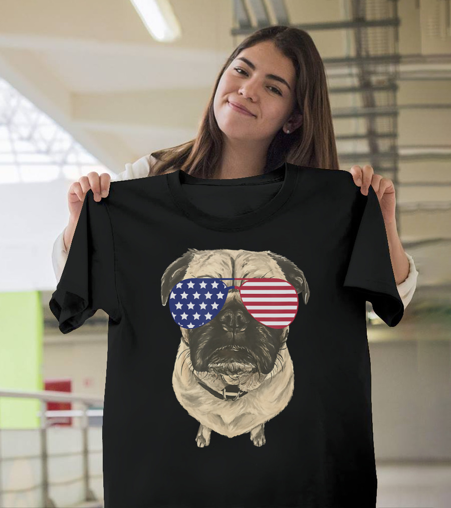 July 4th Patriotic Pug with American Flag Sunglasses T-Shirt