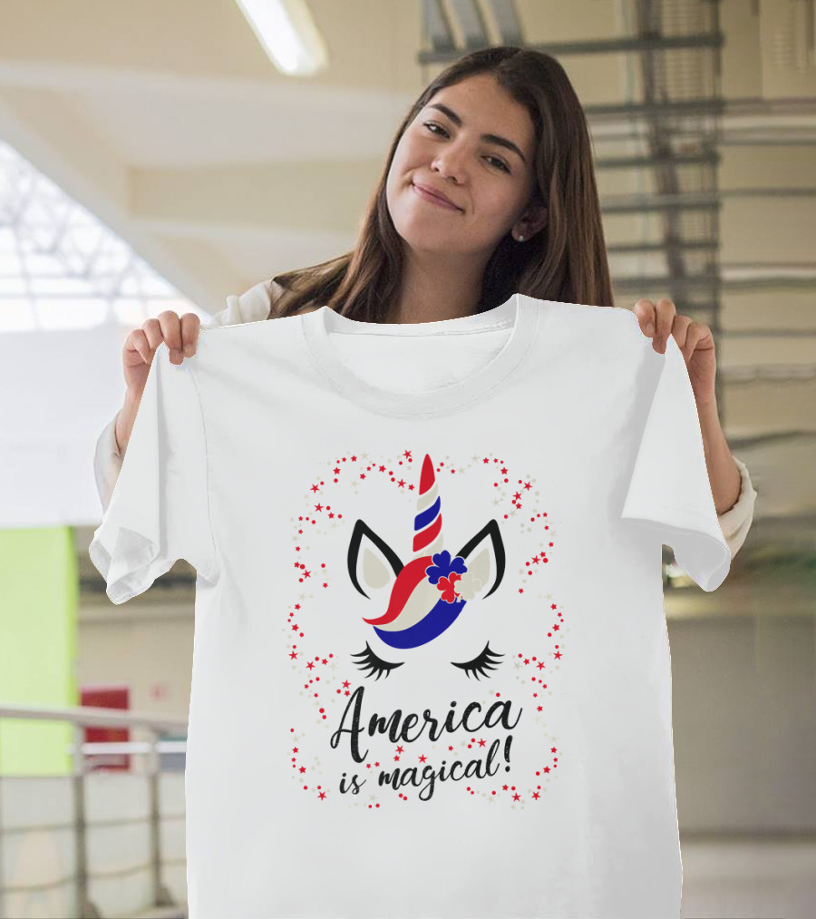Kids America is Magical Unicorn Red White Blue Stars T-Shirt