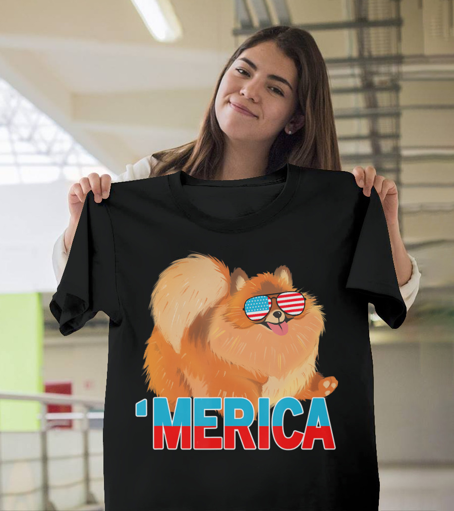 'Merica Pomeranian American Flag Sunglasses Patriotic Dog T-Shirt