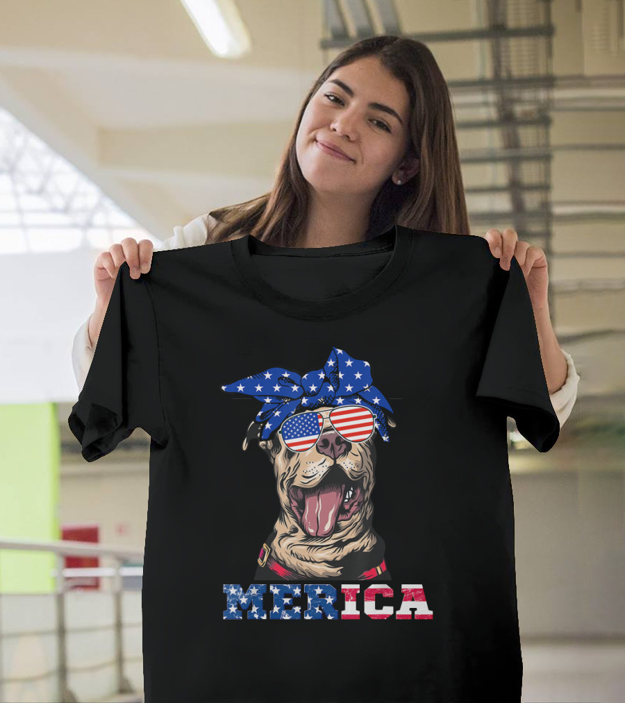 Women American Flag Pitbull 4th of July Merica T-Shirt