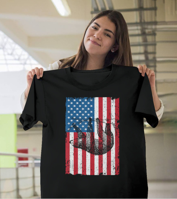 4th July Sloth Hanging On USA Flag Independence Day T-Shirt