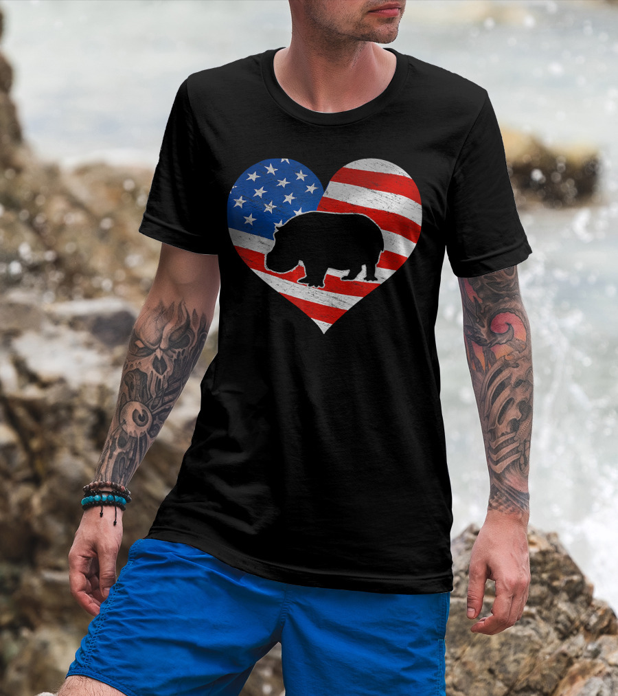 American Flag Heart With Hippo Silhouette 4th Of July Print T-Shirt