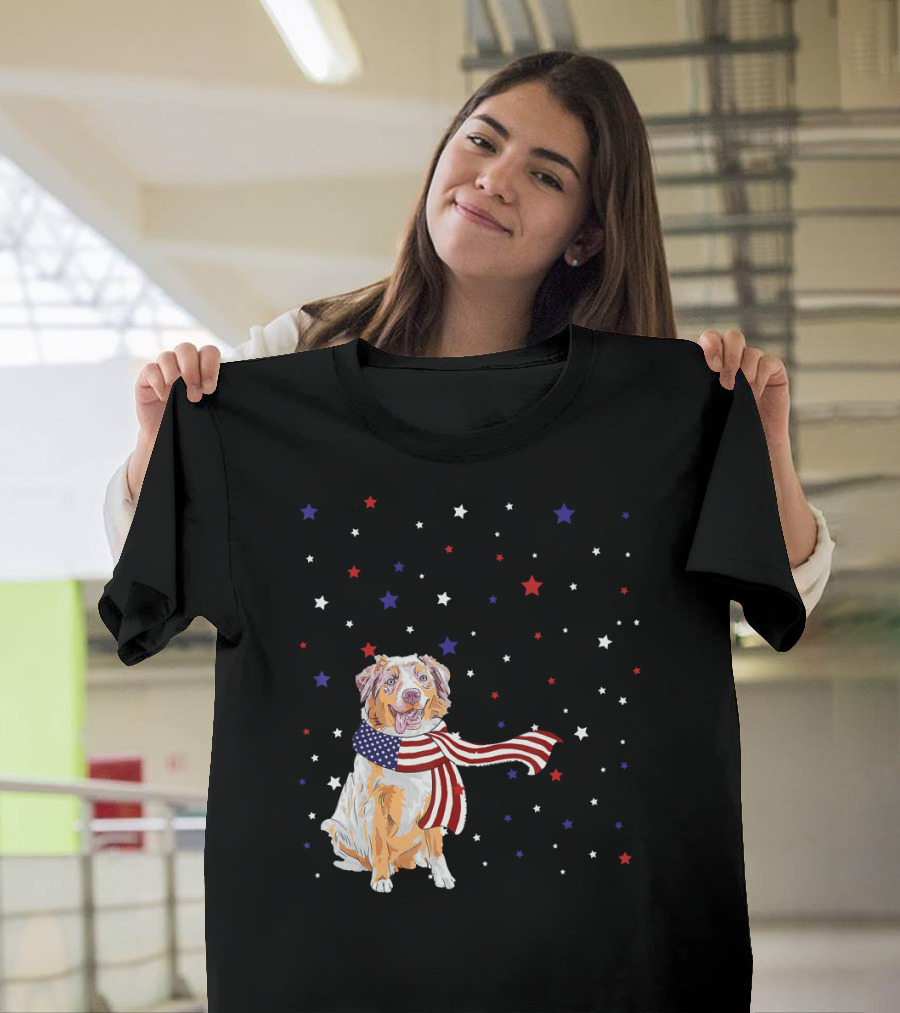 Australian Shepherd with American Flag Scarf and Red White Blue Stars T-Shirt