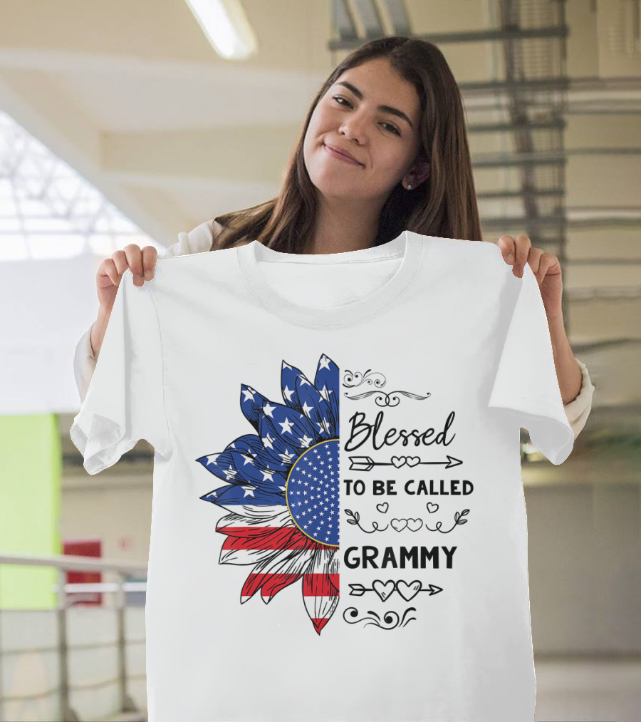 Blessed To Be Called Grammy Sunflower American Flag T-Shirt