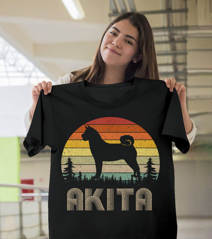 Akita Retro Dog Silhouette 70s Style Vintage Sunset Stripes T-Shirt