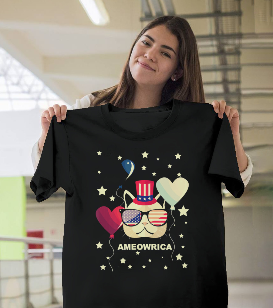 Ameowrica Cat with Stars, Patriotic Sunglasses, and Balloons 4th of July Independence Day T-Shirt