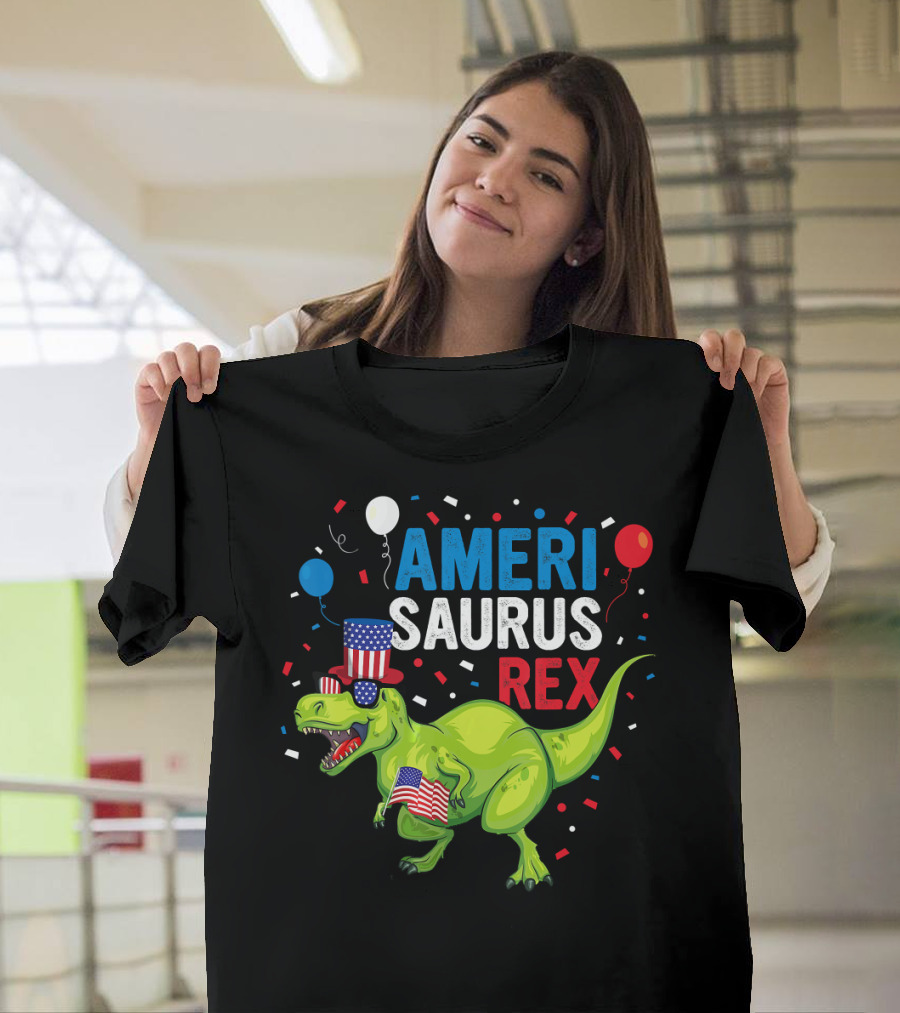 AMERISAURUS REX 4th of July Celebration with Patriotic Dinosaur, Flags, Balloons, and Red White Blue T-Shirt