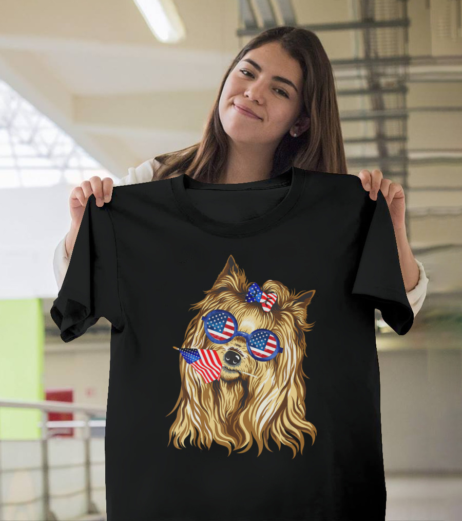 Yorkie With American Flag Sunglasses and Bow Holding Flag for 4th of July T-Shirt