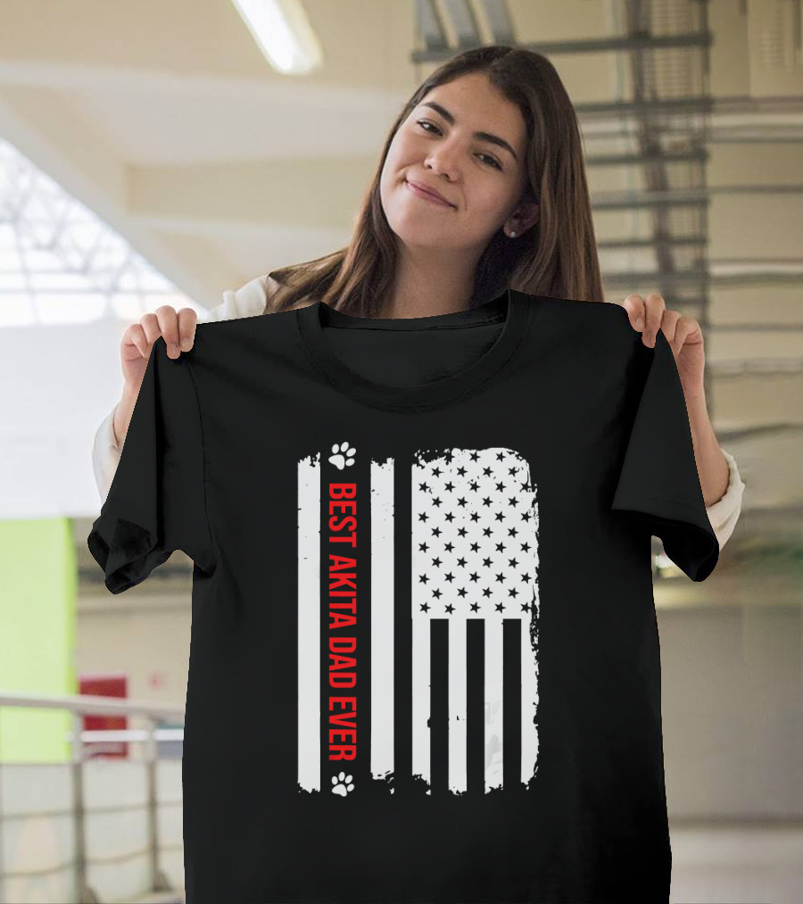 Best Akita Dad Ever American Flag Paw Prints T-Shirt