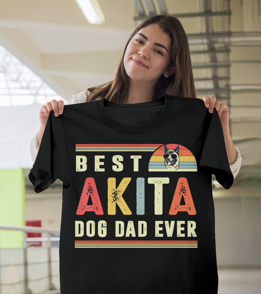 Best Akita Dog Dad Ever Retro Style with Sunset Colors T-Shirt