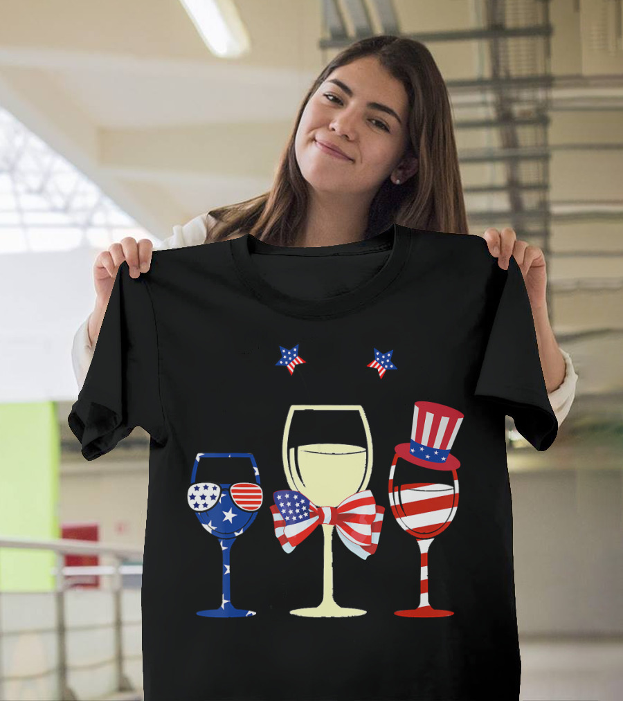 Red White Blue Wine Glasses American Flag Stars Stripes Bow Tie Hat Patriotic T-Shirt