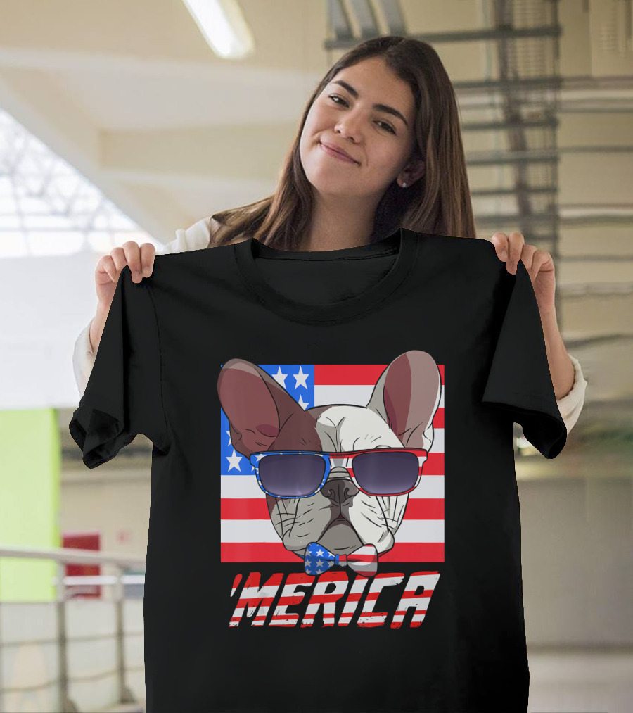 French Bulldog Merica USA Flag Sunglasses 4th of July T-Shirt