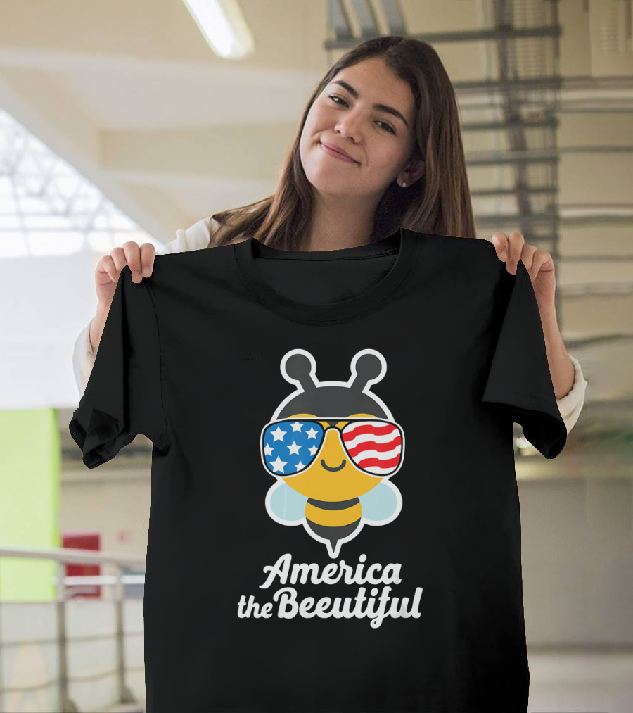 America the Beautiful Bee with American Flag Sunglasses T-Shirt