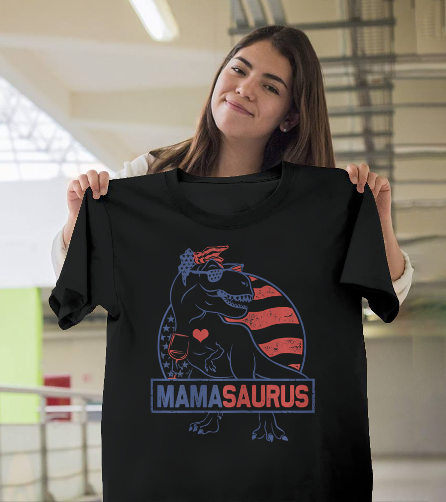Mamasaurus Red White Blue Dinosaur with American Flag and Wine T-Shirt